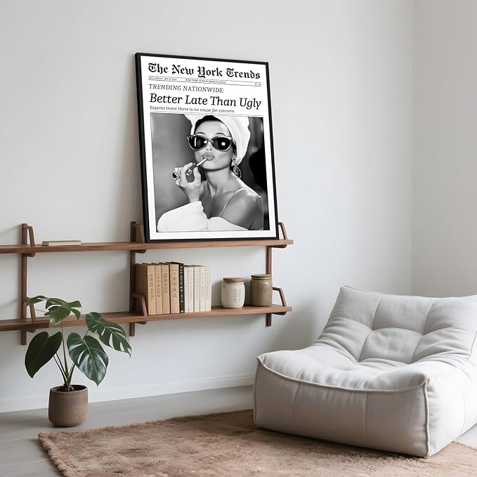 Framed Better Late Than Ugly Wall Decor Vintage Newspaper Wall Art Black and White Fashion Poster Audrey Hepburn Chic Decor New York Trends Glam Quote Canvas Print for Bedroom Bathroom Dorm 16x24inch