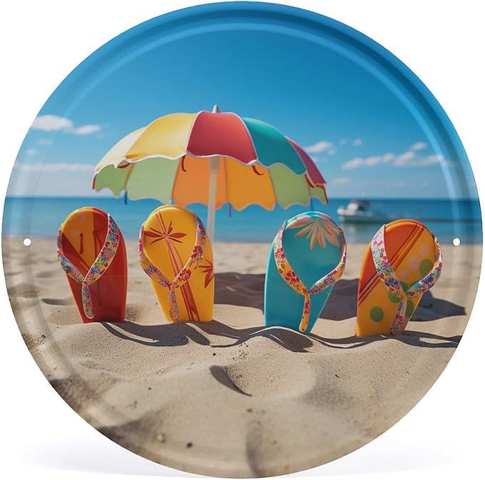 Wall Picture, with Colorful Flip Flops Beach Ball Printed Circular Iron Hanging Picture,Wall Art Decor,Home for Bedroom Living Room Bathroom Decor,Iron Painting 11.8X11.8 in