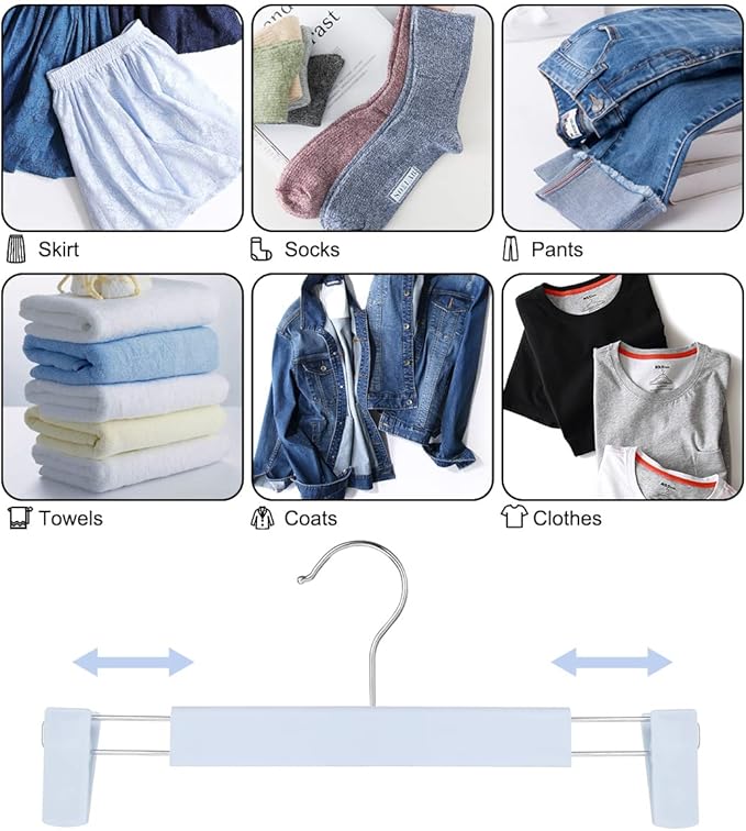 Clothes Pants Hangers, Space-Saving Skirt Holders with 360 ° Swivel Hooks, Adjustable Clips, Trouser Hangers, Clothes Coat Garment Jeans Hangers (20 Pack, Blue)