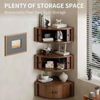 Corner Shelves Wall Cabinet Set of 3, Floating Corner Shelf Organizer with Sliding Doors, Fluted Wall Cabinet for Living Room, Bedroom, Office, Small Space, Walnut (Curved, 15.74“)