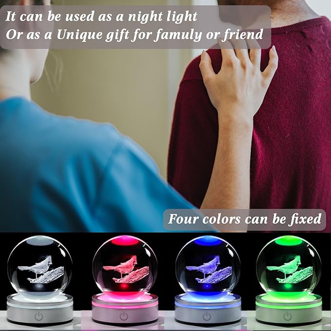 Movdyka 3D Crystal Ball Red Cardinal Gifts for Women Men, Cardinal Memorial Gifts for Loss of Loved One, Laser Engraved Red Bird Decor Glass Animals Figurine with LED Night Light Lamp Base