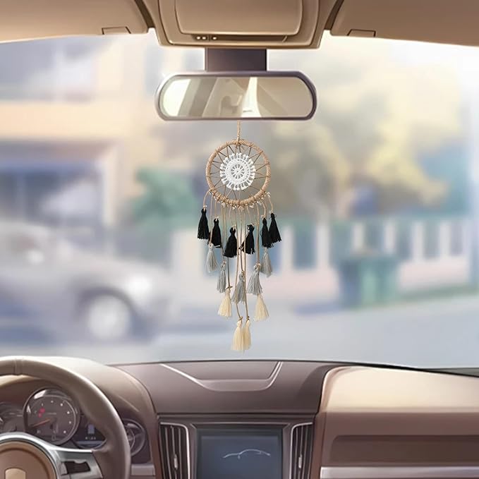 Artilady Small Dream Catcher for Cars - Bohemian Mini Dream Catchers for Cars Rear View Mirror Hanging Decoration (Black Grey White)