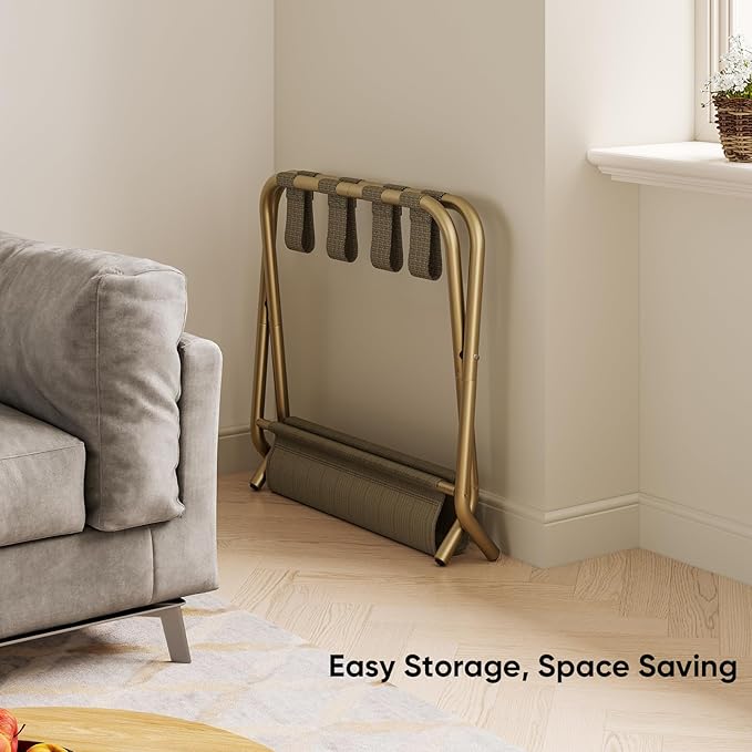 Luggage Rack for Guest Room, Folding Suitcase Stand with Shoe Shelf, Easy Assembly, Portable, Hold up to 110 lb, Gold, 1 Pack