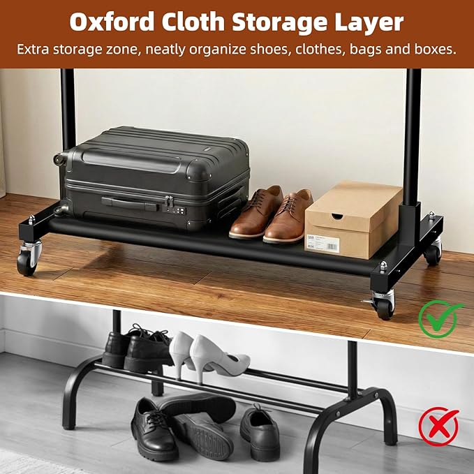 Luxspire Clothes Rack with Lockable Wheels, Simple Clothing Garment Rack with Storage Shelves, Hanging Racks for Clothes with Single Rods for Laundry Room, Balcony, Bedroom, Bathroom, Black