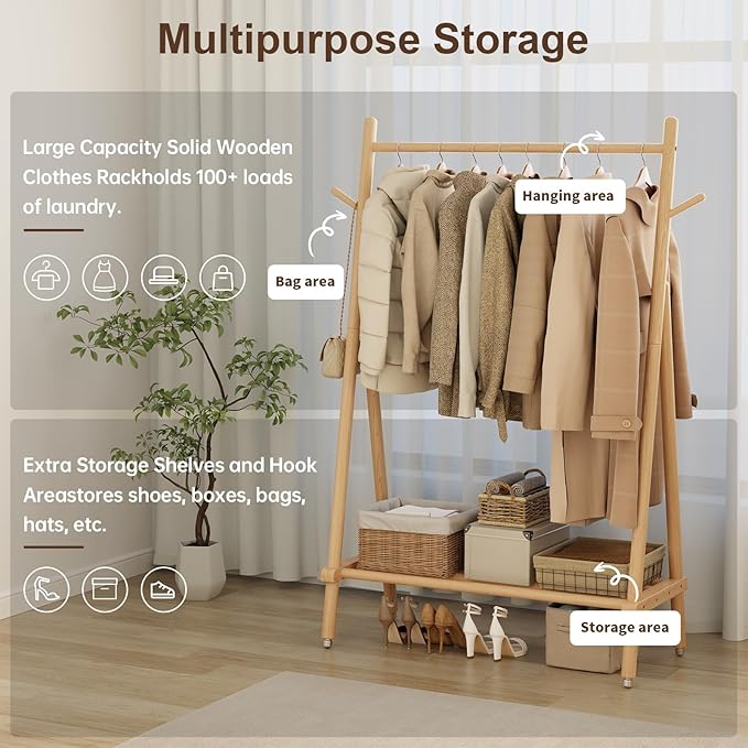 Solid Wood Clothing Rack, Rolling Clothes Rack for Hanging Clothes, Garment Rack with Shelves Load 350 Lbs, Portable Closet Organizer on Wheels for Hanging Clothes (Natural)