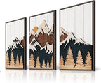 Framed Textured Wood Mountain Wall Art for Living Room, Large 3 Piece 3D Wood Farmhouse Artwork for Walls, Boho Landscape Mountain Forest Sun Wall Art Decor for Bedroom Office Hallway, 24x36 Inch