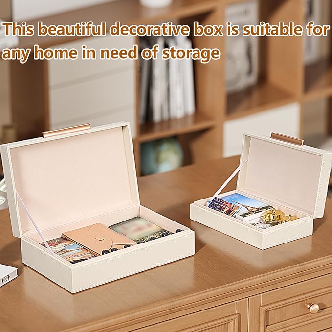 Decorative Box, Decorative Boxes with Lids 2-Set, Memory Box for Keepsakes, Beautiful PU Leather Decorative Storage Boxes in Style, Decor Box with Rose Metal Handle, Store Photos, Documents Beige