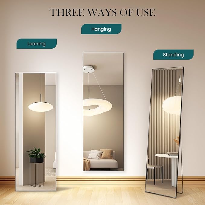 DUMOS 59"x16" Full Length Mirror, Full Body Mirror with Aluminum Alloy Thin Frame, Standing Mirrors with Leaning or Hanging, Suitable for Bedroom, Livingroom, Cloakroom, Black