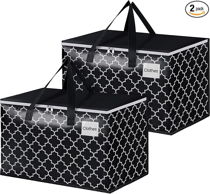 HomeHacks Heavy Duty Moving Bags with Tag Pockets, Collapsible Storage Totes for Moving, Camping & Travel -Foldable Packing Boxes, Zipper Handles, Black（2 Packs, 125L）