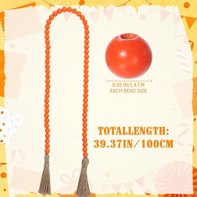 Equsion Seasonal Wooden Bead Garland with Tassels, 3.3 ft Holiday Vintage Boho Bead Garland Easter Tray Decoration, Vase Wall Room Art Birthday Party Decoration(Orange)