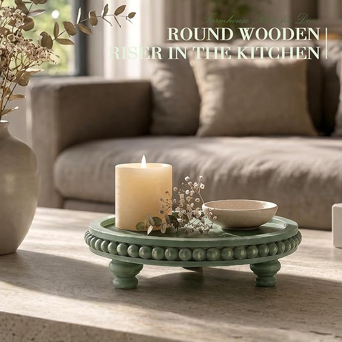 EOSAHR Round Pine Wooden Riser for Home Decor - Beaded Decorative Tray for Coffee Table - Wood Riser for Small Plant Stand & Sink Sponge Holder, Perfume Display Stand (Green)
