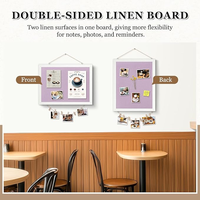 DOLLAR BOSS Bulletin Boards with Linen 1-Pack 16''X 12'' Double-Sided Cork Board for Walls Wood Framed Bulletin Boards, Small Pin Board for Home Kitchen Office Decorative Hanging 10 Pushpins, Purple