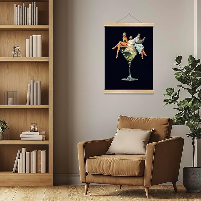 Martini Girl Wall Art, Vintage Glam Cocktail Poster, Retro Fashion Woman in Martini Glass Canvas Print, Chic Bar Lounge Wall Decor for Dining Room Kitchen or Home Office 14x18.5 Inch (Black-Woman04)