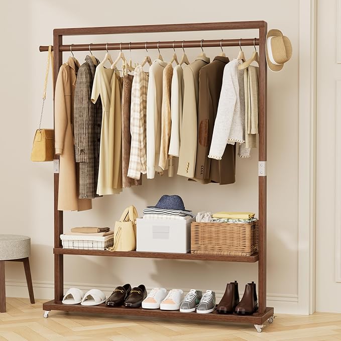 Solid Wood Clothes Rack with Wheels | 3-in-1 Freestanding Garment Rack & Coat Tree, Extra-Long Rod, Two Shelves, 220 lb Load | Organizer for Bedroom & Entryway