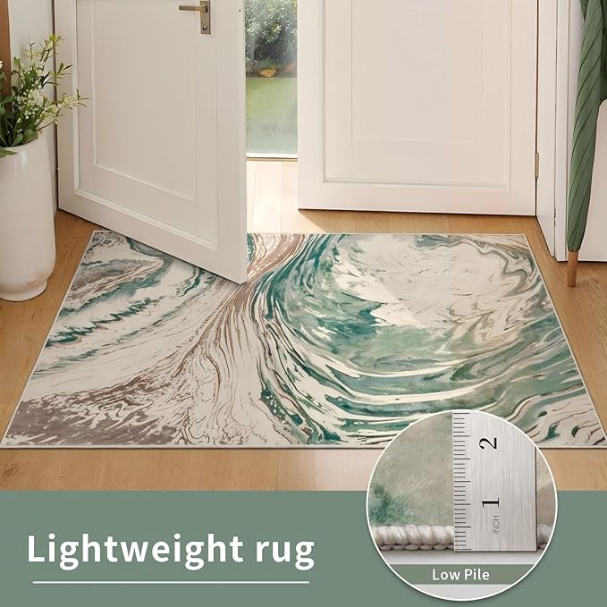Ciicool 2x6 Washable Runner Rug, Modern Abstract Soft Hallway Rugs Runner, Non-Slip Thin Accent Rug Lightweight Green Swirls Print Distressed Carpet for Laundry Entryway Bedroom Kitchen Indoor