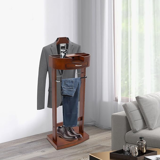 Suit Valet Stands for Women and Men Clothes Wood Valet Stand with Base Freestanding Clothing Organizer Valet Stand Contour Hanger Trouser Bar Belt Hooks for Office Living Room (Brown)