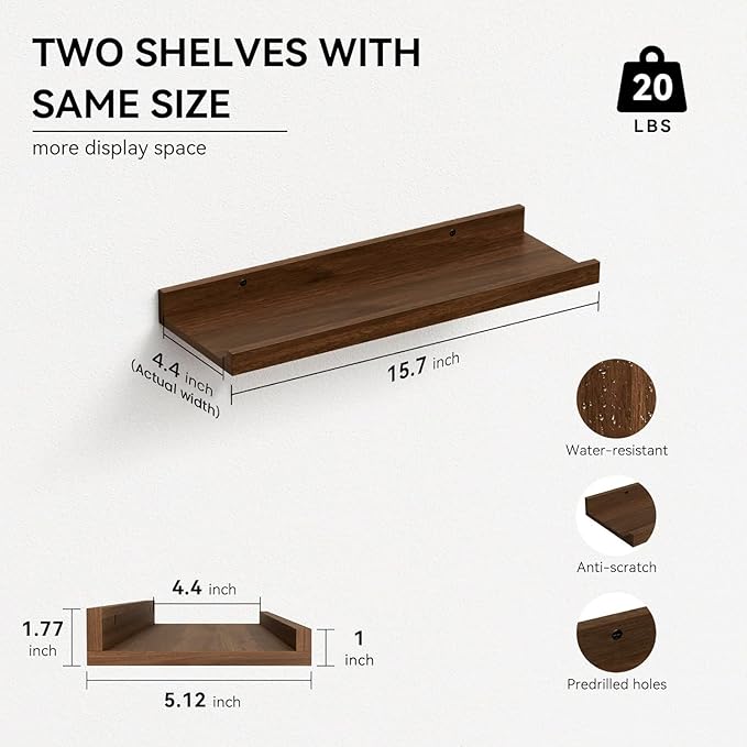 Boswillon Floating Shelves Set of 2, Farmhouse Wall Shelves with Lip, Display Picture Ledge Shelf for Bedroom, Living Room, Bathroom, Kitchen - Walnut