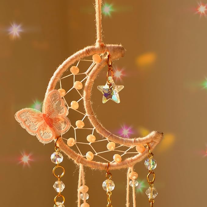 Artilady Dream Catcher for Girls - Pink Butterfly Small Moon Dream Catchers with Crystals Cute Room Decor for Teen Girls Boys Boho Bedroom Wall Home Decorations Birthday Christmas Kids Gifts