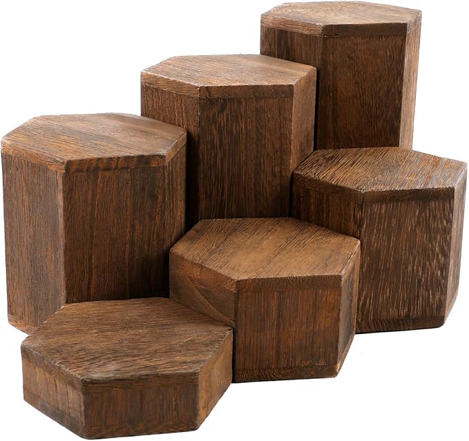MOOCA Wooden 6 Pcs Hexagon Risers for Display Jewelry and Accessories Display Stand, Brown