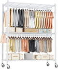 Homdox 3 Tier Garment Rack with Wheels, Portable Closets for Hanging Clothes Heavy Duty, Closet Racks and Shelving with Double Hanger Rods & Side Hooks, White