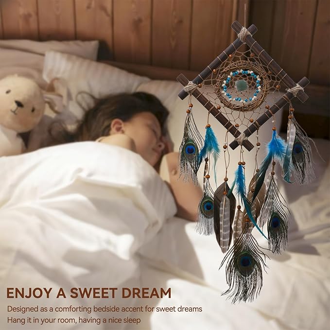 Rattan Dream Catchers with Peacock Feather, Boho Wall Decor Rustic Wooden Native American Wall Art for Bedroom Living Room (Blue Peacock)