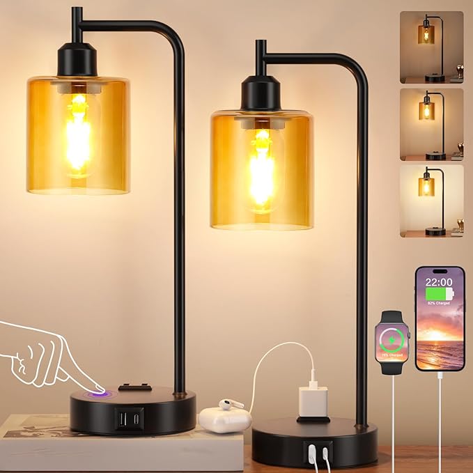 Industrial Touch Nightstand Lamps for Bedrooms Set of 2 - 3-Way Dimmable Table Lamps with USB C+A Ports and Outlet, Bedside Lamps with Amber Glass Shade for Living Room, Desk Lamps for Home Office