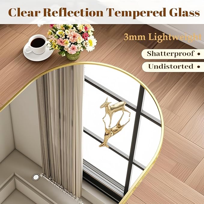 Dewfig Arched Full Length Mirror,64"x20" Gold Mirror with Stand, Full Body Mirrors for Leaning Against or Wall Mounted, Large Floor Mirrors for Bedroom, Living Room, Gold