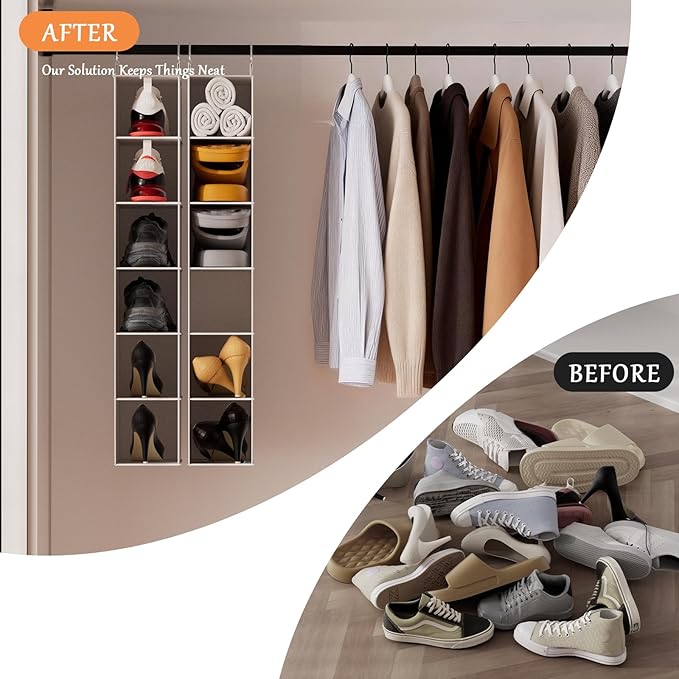 VERONLY Hanging Closet Shelf Shoe Organizer Set of 2 with Woven Bamboo Shelves,11.5 x 31.5 x 5.5 in, 6-Tier Design for Space-Saving Storage,Beige