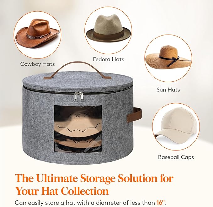 Lifewit Round Cowboy Hat Box for 7 Caps, Large Felt Hat Organizer Bag for Men&Women Storage, Baseball Cap Container with Lid for Travel, Foldable 16.5" Dx10.6 H Carrier, 37L Each, Gray 2 Pack