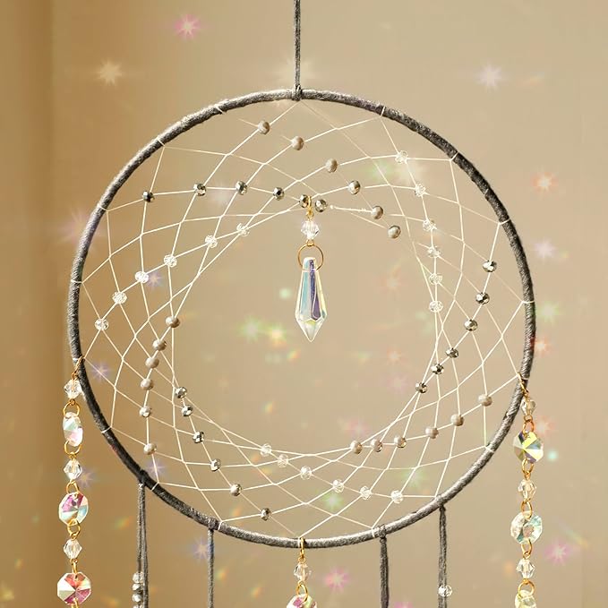 Artilady Dream Catchers with Crystals - Large Grey Boho Moon Dream Catcher Wall Decor House Decorations for Home Girls Kids Baby Bedroom Room Decor Christmas Birthday Teen Girl Boys Gifts
