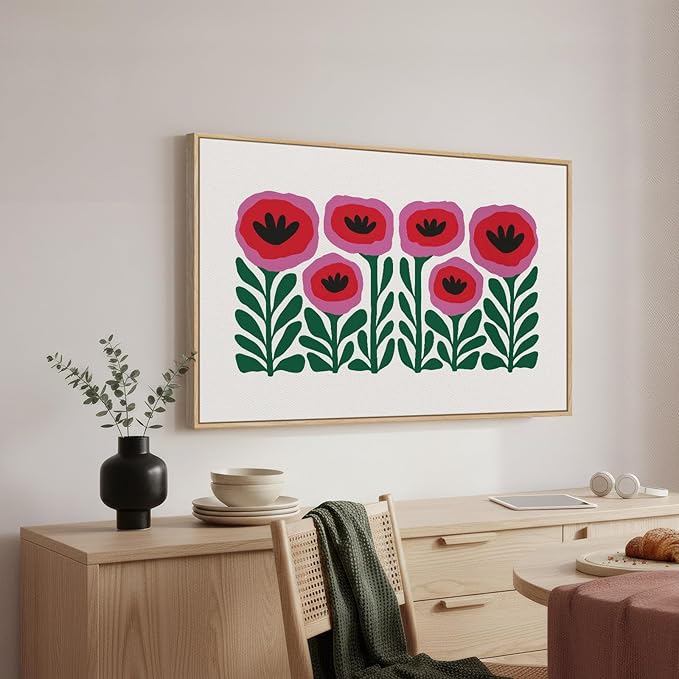 Framed Floral Wall Art for Bedroom, Large Pink Flower Canvas Artwork for Living Room Walls, Minimalist Botanical Picture Print for Nursery Playroom Dining Room Kitchen Hallway Wall Decor, 24x36 Inch