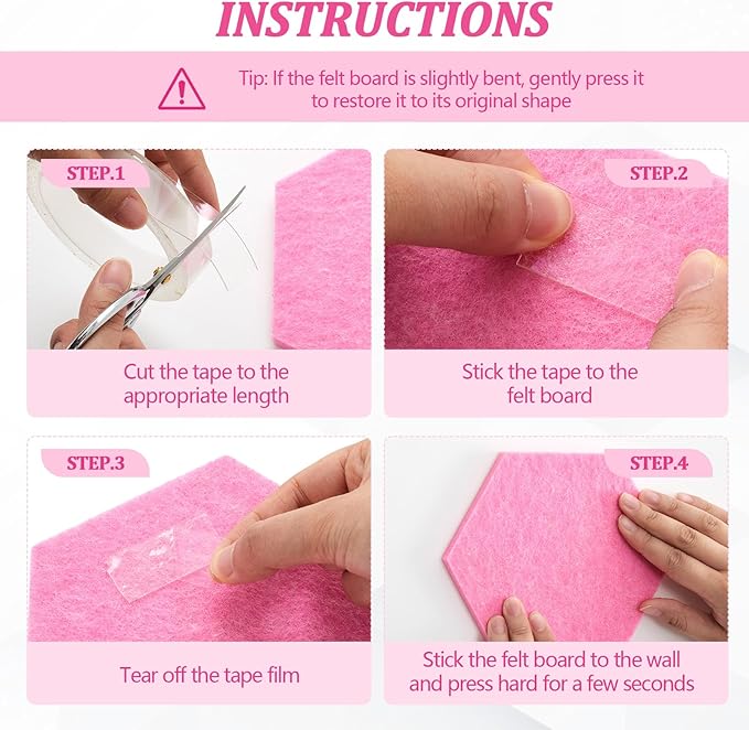 Mindsoft 16 Pcs Hexagon Cork Board for Walls with 50 Wooden Push Pins 6.7 x 5.9 in Felt DIY Tiles Notice with Nano Tape Hanging Bulletin Board for Home Photo Office Memo Note (Pink)