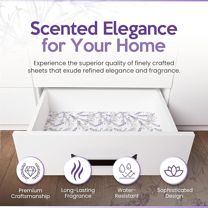 Lavender Scented Drawer Liners for Dresser Drawers (10 Large Sheets, 19.7" x 14.4") - Non Adhesive Drawer Paper Liner for Bedroom Dresser & Closet Shelves by Linda’s Essentials