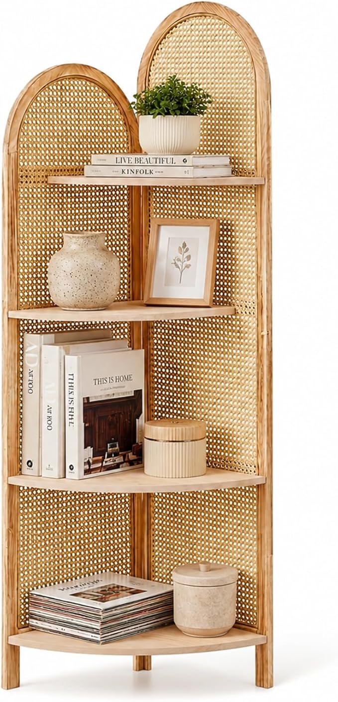 4 Tier Farmhouse Corner Shelf, 70" Tall Pine Wood and Rattan Corner Bookshelf for Small Spaces, Freestanding Display Shelf for Living Room, Bedroom, Bathroom, Kitchen, Natural