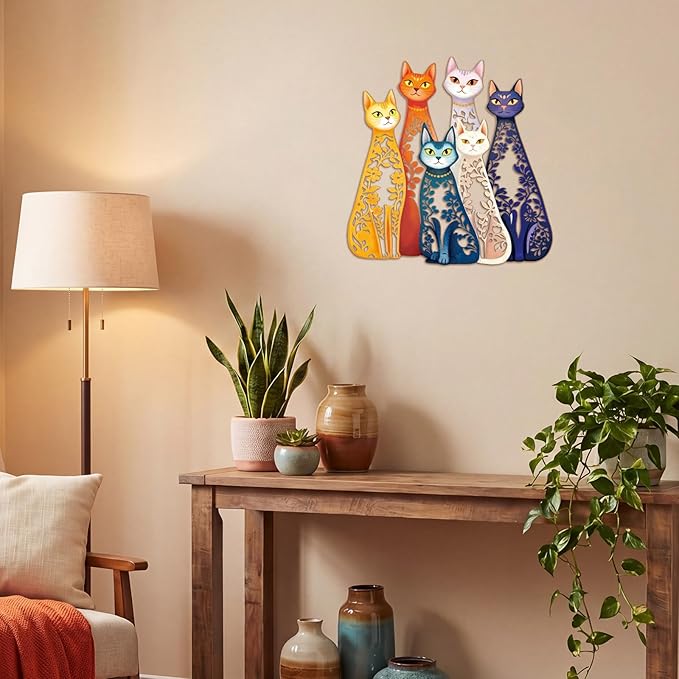 Wesiti Cat Wall Art Decor Iron Wall Sculptures Decor for Cats Lover 11.42 x 11.22 Inches Colorful Mid Century Cat Retro Signs for Home Living Room Bedroom Kitchen Office