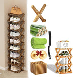 Foldable Shoe Rack, 2 - 9 Tier No-Tool Assembly Bamboo Organizer with Anti-Wobble X-Design for Small Spaces, Sturdy Vertical Storage Shelf for Entryway, Closet, Apartment & Dorm (Yellow,4 Layers)