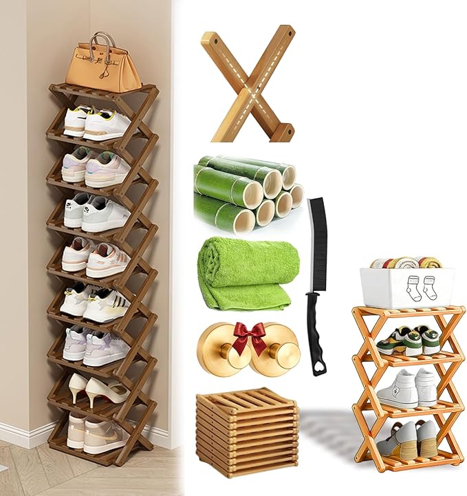 Foldable Shoe Rack, 2 - 9 Tier No-Tool Assembly Bamboo Organizer with Anti-Wobble X-Design for Small Spaces, Sturdy Vertical Storage Shelf for Entryway, Closet, Apartment & Dorm (Yellow,4 Layers)