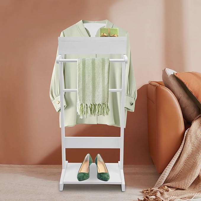 Clothing Rack with Top Tray,Tall Closet Storage Organizer Suit Valet Stand for Man,Steamer Stand Dresser Hat Holder,Tie & Belt Hooks and Shoe Rack for Entryway Office Living Room (white)