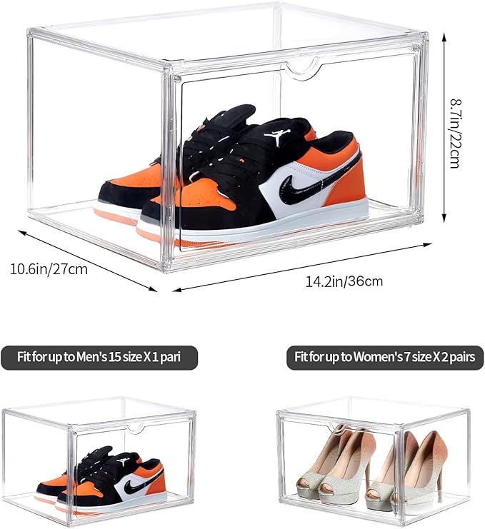 Sneaker Shoe Display Case,Shoe Box with Clear Magnetic Door,Thicken & Sturdy Organizer Containers Stackable,Fit Shoe Size Up to US 14 (X-Large) (X-Large)