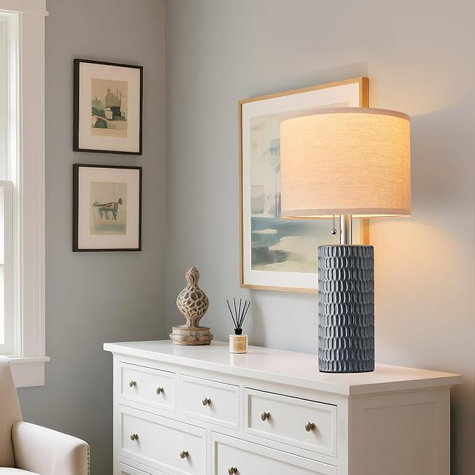 Reaketon 20.5" Modern Ceramic Table Lamps for Bedroom Set of 2, Bedside Lamps for Night Stands with Beige Lampshade, Farmhouse Table Lamp for Living Room Office Dorm, Grey
