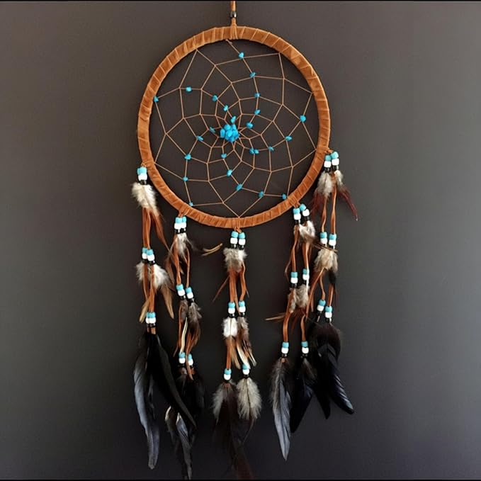 OMA Large Dream Catcher – Brown Suede with Turquoise Stones and Feathers, Traditional Dreamcatcher for Bedroom, Living Room, Dorms & Gift, Size - 28” x 9”