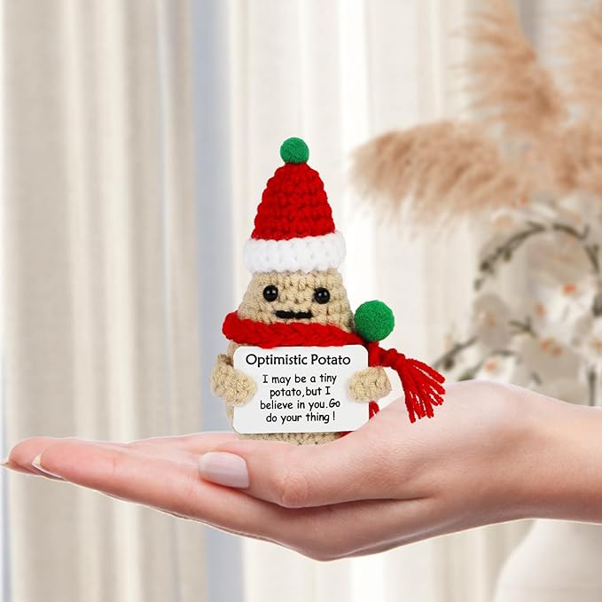 DAFURIET Positive Christmas Potato, 3 inch Knitted Wool Doll with Card for Cheer Up Gifts and Party Decorations, Cute Wool Potato Crochet Doll for Birthday Gifts (Christmas Potato)