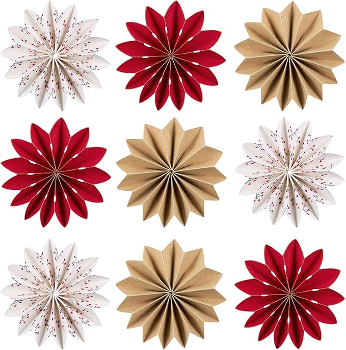 EASY JOY Christmas Hanging Decorations-9Pcs Small Christmas Paper Ornaments 3D White Red Brown Snowflake Ornaments Xmas Tree Decorations Outdoor Indoor for Xmas Boho New Year Home Decor