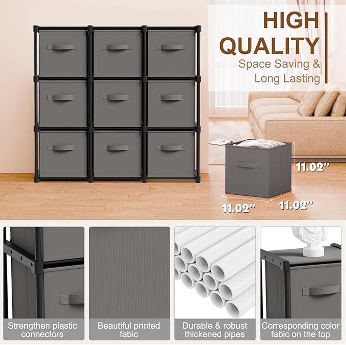 9 Cube Storage Organizer with Shelf Back to School Boxes 11 Inch Toy Storage Bins Closet Organizers Drawers Fabric Dresser for Playroom Books Bedroom Dorm Kitchen (Grey)