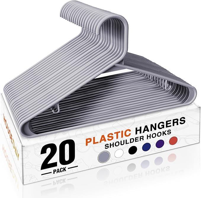 HOUSE DAY Plastic Hangers 20 Pack, Space Saving Clothes Hangers with Built-in Hooks, Durable & Strong Closet Organizers and Storage, Dorm Room Essential, Perfect for Shirts, Coat, Pants, Dress - Grey