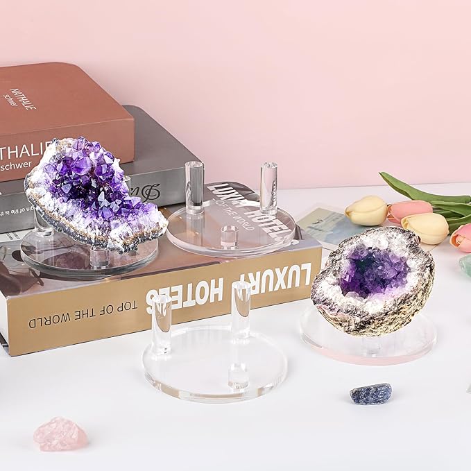 Hipiwe Acrylic Display Easel Rock Display Stand Three-Peg Display Easel Stands for Mineral Crystal Geodes Coral Fossil Small Collectibles Display Stands with Round Base,4 Pack