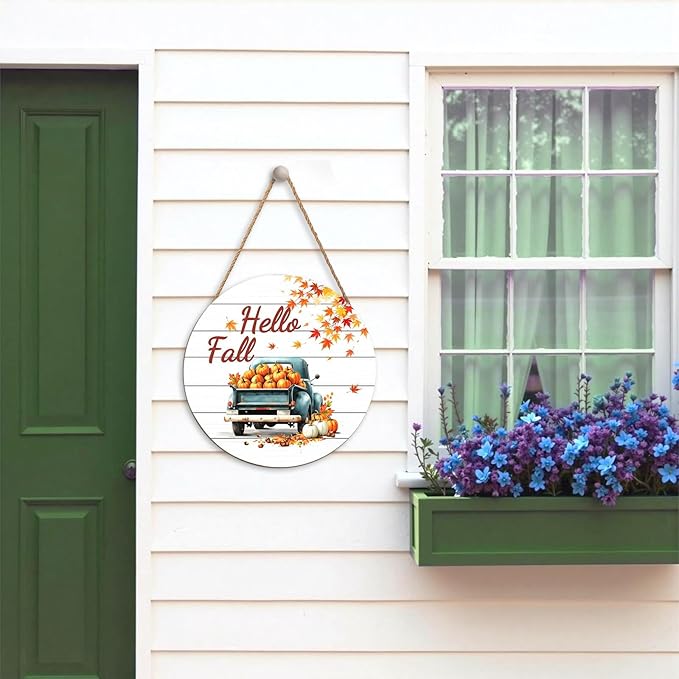 Hello Fall Wreath for Front Door Fall Truck Welcome Door Sign 12x12 Inch Autumn Maple Leaf Pumpkin Wood Door Hanger Farmhouse Thanksgiving Hanging Plaque for Home Porch Wall Indoor Outdoor Decorations