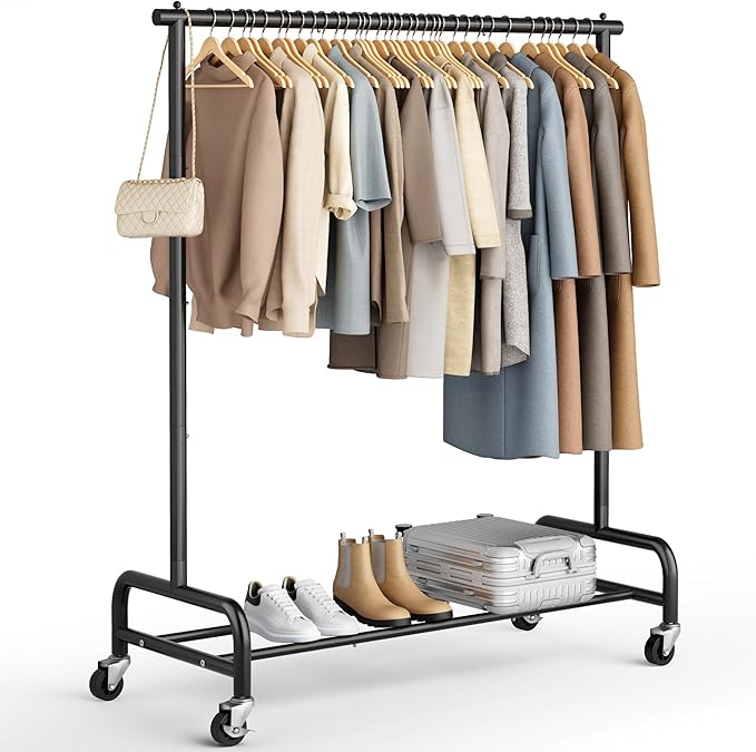 MISSLO Heavy Duty Clothes Rack for Hanging Clothes Rolling Clothing Rack Heavy Duty on Wheels for Coat, Garment, Matte Black (Single Rod)