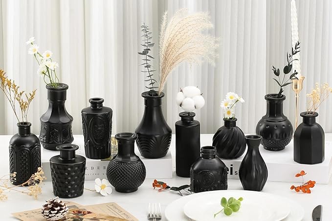 Mini Bud Vases As Wedding Centerpieces for Tables,Clear Bud Vases for Flowers,Small Flower Vases Suitable for Birthday Party,Anniversary,Wedding Reception,Baby Shower (Matt Black, 12PCS)