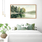 KAIRNE Framed Nature Canvas Wall Art Set,Misty Forest Wall Decor,Green Mountain Forest Pictures,Lake Water Painting set of 1(20”x40”),Landscape Scene Print for Living Room, Bedroom,Gallery Decor